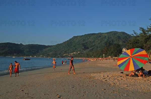 Parasol, people, Patong Beach, Ko Phuket, two years in front of the tsunami, Thailand, December 2002, vintage, retro, old, historic