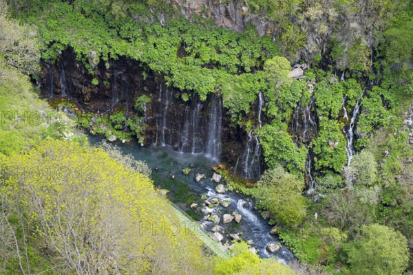 Waterfalls plunge over mossy rocks into a clear stream surrounded by lush greenery, Dashbashi Gorge and Waterfall, Khrami River, Tsalka Nature Reserve, Kartli, Georgia