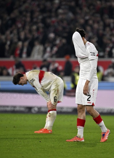 Disappointment at Ameen Al-Dakhil VfB Stuttgart (02) jersey over head, Angelo Stiller VfB Stuttgart (06) disappointed, MHPArena, MHP Arena Stuttgart, Baden-Württemberg, Germany