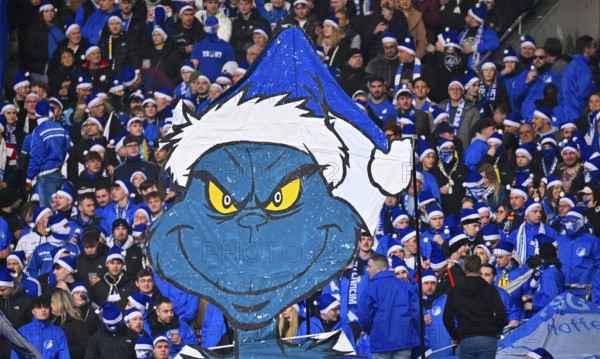 Miesepeter The Grinch shows stinkefinger, middle finger, choreo, choreography, fan action TSG 1899 Hoffenheim fan block, fans, fan curve, flags, mood, atmospheric MHPArena, MHP Arena Stuttgart, Baden-Württemberg, Germany