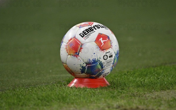 Adidas Derbystar game ball is on cones, marker plate, for ball boys, MHPArena, MHP Arena Stuttgart, Baden-Württemberg, Germany