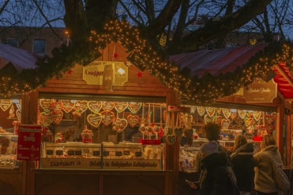 Christmas market on Holstenplatz in Kiel, city center, tree, pedestrian zone, early evening, sales stand with gingerbread, hearts, food, visitors, lights, Christmas decorations, fun, festive atmosphere, Christian festival, Schleswig-Holstein, Germany