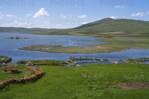 Beautiful lake with green shores and rolling hills under blue skies, Lake Saghamo, Samtskhe—Javakheti region, Samtske Javacheti, Lesser Caucasus, Georgia