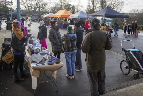 Market stall at winter market, Bandstand Terrace, Horniman museum gardens, Forest Hill, south London, England, UK December 2025