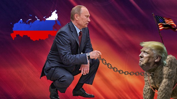 Symbolic image, Putin keeps Trump on chain, deals Ukraine to Putin, sells land to war criminal, US democracy in danger, NATO, EU and Germany under political pressure, industry, Donald Trump, tariff threats, Elon Musk, Mark Zuckerberg, social networks, Telegram, fake news, rights broken, hate, hate, DSG Digital Services Act, re-election, USA, politics, announcements, revenge campaign, willed dictator, Republican, US electoral system, global threat, lies, 2nd term, global burden, Ukrainian war, storm White House