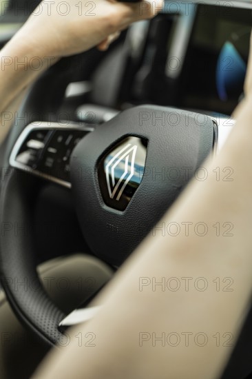 Close-up of a steering wheel with clearly visible logo and hands, Deer E-Carsharing, Renault Megane, Calw, Germany