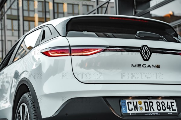 Rear view of a white Renault Megane with highlights on the design of the rear lights, Deer E-Carsharing, Renault Megane, Calw, Germany