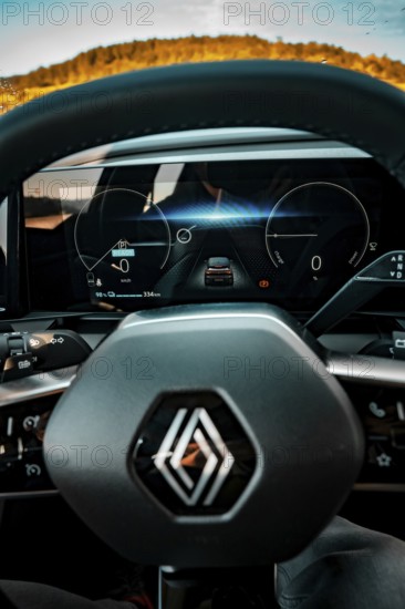 Interior view of an electric car with display and steering wheel, blue light section, Deer e-Carsharing, Renault Megane, Calw, Germany