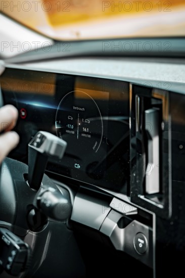 Close-up of car interior with futuristic display and control, Deer e-car sharing, Renault Megane, Calw, Germany
