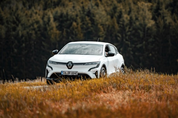 A white car is parked in a quiet field with a view of the sky, Deer E-Carsharing, Renault Megane, Calw, Germany
