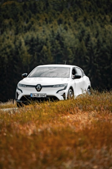 A white car drives through a beautiful meadow landscape surrounded by trees, Deer E-Carsharing, Renault Megane, Calw, Germany