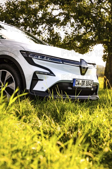 White car parked on a green field in sunlight next to trees, Deer E-Carsharing, Renault Megane, Calw, Germany