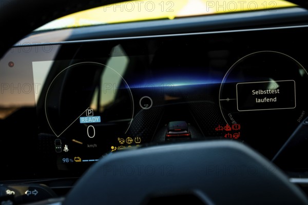 Modern digital car dashboard with various displays in a nocturnal atmosphere, Deer e-Carsharing, Renault Megane, Calw, Germany