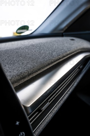 Close-up view of a car with fabric-covered dashboard in modern design, Deer E-Carsharing, Renault Megane, Calw, Germany