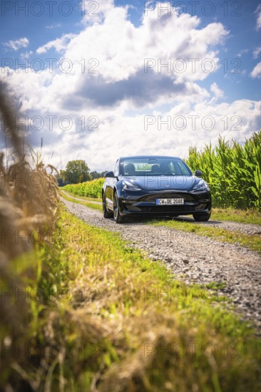 Car driving on a country road surrounded by fields and blue skies, Deer E-Carsharing, Tesla Model 3, Calw, Germany