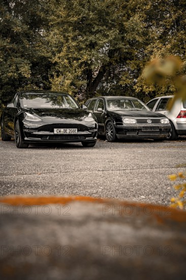 Two cars parked outdoors in front of a row of trees, quiet atmosphere, Deer E-Carsharing, Tesla Model 3, Calw, Germany