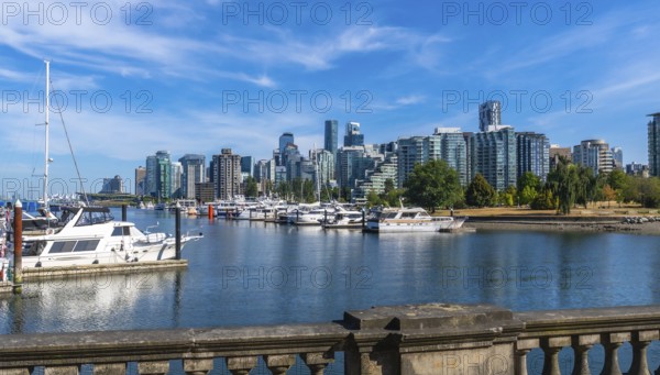 Luxury yachts and sailboats are moored in coal harbour marina, with the modern skyline of vancouver, british columbia, canada, rising majestically in the background on a beautiful summer day