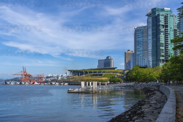 Modern skyscrapers rising along vancouver's waterfront create a stunning cityscape, bustling with harbor activity from cranes, cruise ships, and seaplanes under a vibrant blue sky