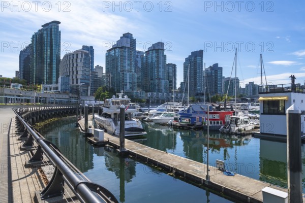 Modern buildings rise above a marina filled with yachts and houseboats, creating a picturesque scene reflecting in the calm waters, in vancouver, british columbia