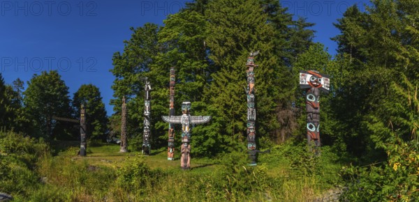 Totem poles rising against a backdrop of lush greenery and blue sky, reflecting the rich history and traditions of indigenous peoples in stanley park, vancouver