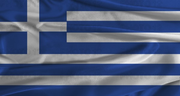 Flag of Greece with fabric textured background. Close up of National flag of Greece with realistic texture