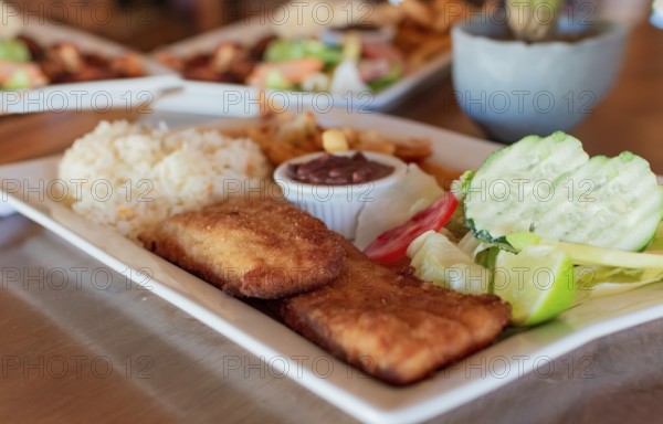 Gourmet food fried fish fillet with salad rice served on wooden table, Close up of fried fish fillet with rice and salad served on table with copy space. gourmet food fried fish fillet