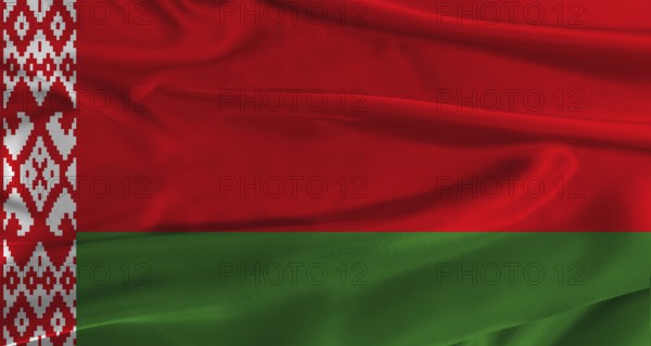 Flag of Belarus with fabric textured background. Close up of National flag of Belarus with realistic texture