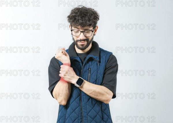 Person with wrist pain and arthritis isolated. Young man with arthritis isolated.. Wrist pain and arthritis concept