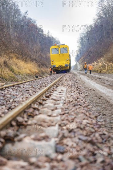 Yellow vehicle crosses rails, workers work on the track in the forest, tamping machine on Hermann, Hesse, railway, Althengstett, Calw district, Germany