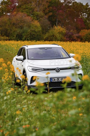 A white SUV drives through a blooming field surrounded by autumn trees, Deer E-Carsharing, VW ID4, Calw, Germany