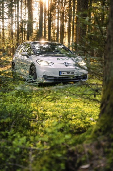 A car is parked in the shady forest next to a tree trunk under the rays of sunlight, Deer E-Carsharing, VW ID3, Calw, Germany