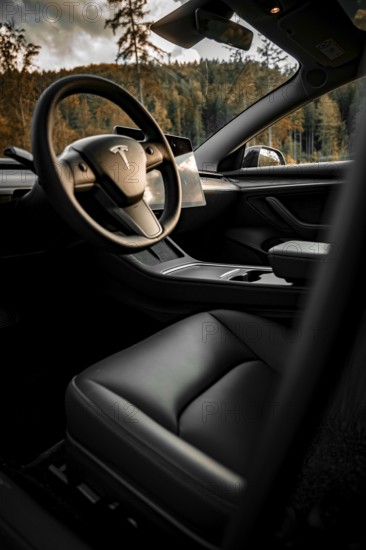 Interior view of a Tesla with a view of the steering wheel and nature, Deer e-Carsharing, Tesla Model 3, Calw, Germany