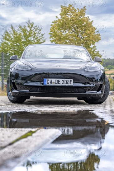 Front view of a black car with puddle reflection and tree in the background, Deer E-Carsharing, Tesla Model 3, Calw, Germany