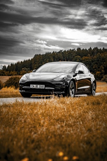 Black car on an autumn meadow against a wooded background under cloudy sky, deer e-car sharing, Tesla Model 3, Calw, Germany