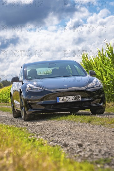 Black car driving along a dirt road flanked by green fields under a cloudy sky, Deer E- car sharing, Tesla Model 3, Calw, Germany