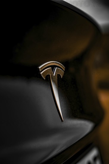 Close-up of Tesla logo on black car with dark background, Deer E- car sharing, Tesla Model 3, Calw, Germany