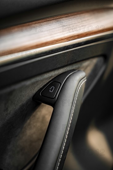 Close-up of a door handle in a car interior with wooden accent, Deer e-Carsharing, Tesla Model 3, Calw, Germany