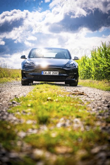 Black car on a sunny path surrounded by fields under a cloudy sky, Deer E- car sharing, Tesla Model 3, Calw, Germany