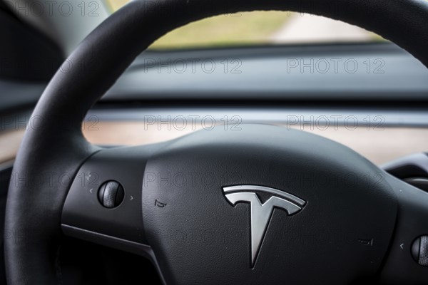 View of a Tesla steering wheel in a minimalistic car interior, Deer e-Carsharing, Tesla Model 3, Calw, Germany