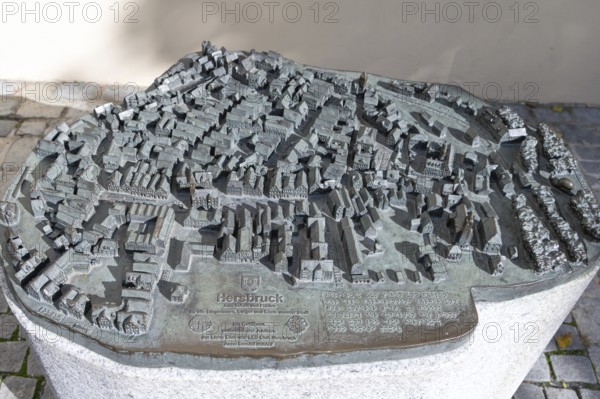 Bronze casting of the city view of Hersbruck, Oberer Masrkt, Hersbruck, Middle Franconia, Bavaria, Germany