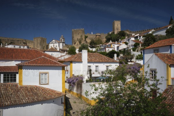 Discover the beauty of Obidos, Portugal, with its medieval castle and charming white houses beneath a clear blue sky
