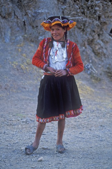 Girl in traditional clothing, Pisac, Andean highlands, Peru, South America, September 1997, vintage, retro, old, historic