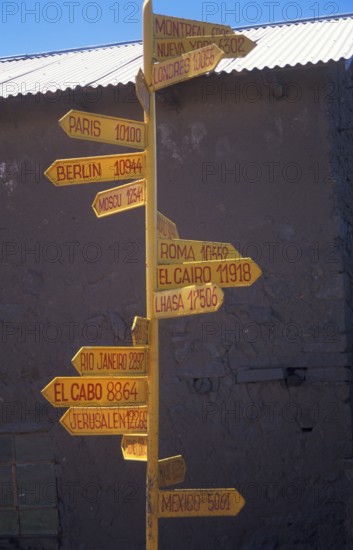 International guide on Isla Taquile in Lake Titicaca shows the distances to cities around the world, Andean Highlands, Peru, South America, September 1997, vintage, retro, old, historic