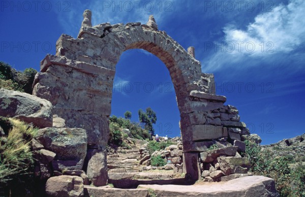 Archway on Isla Taquile in Lake Titicaca, Andean Highlands, Peru, South America, September 1997, vintage, retro, old, historic