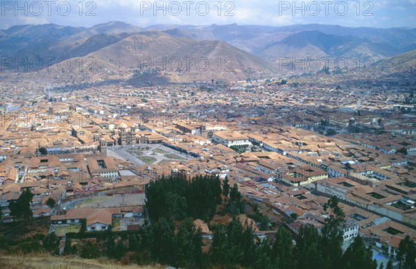 View of the Andean city of Cusco from Saysayhuaman fortress, Andean highlands, Peru, South America, September 1997, vintage, retro, old, historic