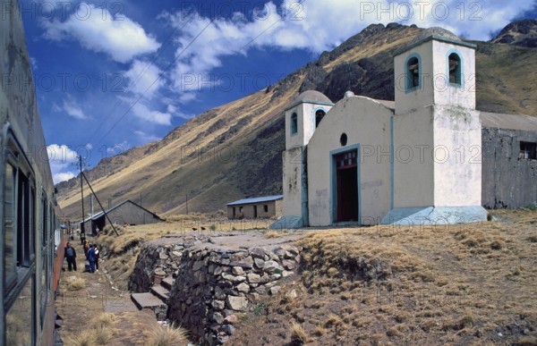 Church next to the railroad, Andean highlands between Cusco and Puno, Peru, South America, September 1997, vintage, retro, old, historic