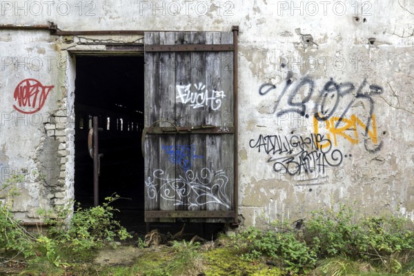 Wall with Grafity and Gate, dilapidated complex of a former agricultural production cooperative of the former GDR, LPG, Lost Place, Müggenburg, Fischland-Darß-Zingst, Western Pomerania National Park, Mecklenburg-Western Pomerania, Germany