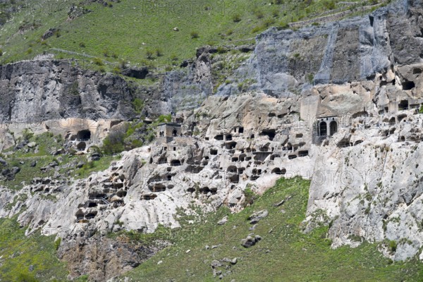 Detailed view of caves in a rocky mountain wall, cave town, cave monastery, Vardzia, Samtskhe—Javakheti region, Samtske Javacheti, Lesser Caucasus, Georgia