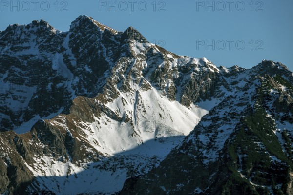 View from the high-altitude hiking trail from Bolsterlanger Horn to Riedberger Horn, back mountains of the Allgäu Alps with Nebelhorn and Rubihorn, Bolsterlang, Oberstdorf, Oberallgäu, Allgäu, Bavaria, Germany