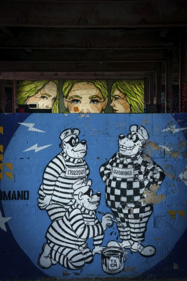 Graffiti on the former US eavesdropping facility on Teufelsberg in Grunewald, tank busters, comic, Berlin